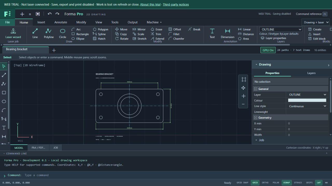 Forma Pro web trial displaying a dimensioned bearing bracket, with the drawing ribbon, layers and properties panel, and command line.
