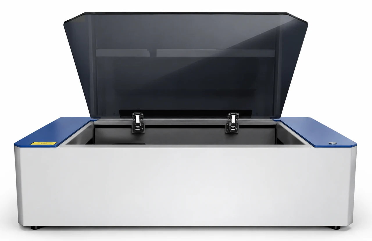 Atom desktop laser with blue and white cabinet and its lid open