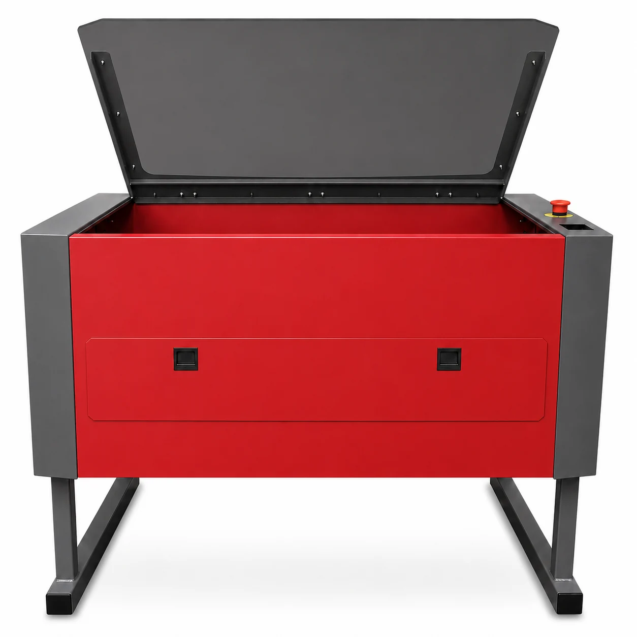 Solo small platform laser with red cabinet, open lid and floor-standing frame