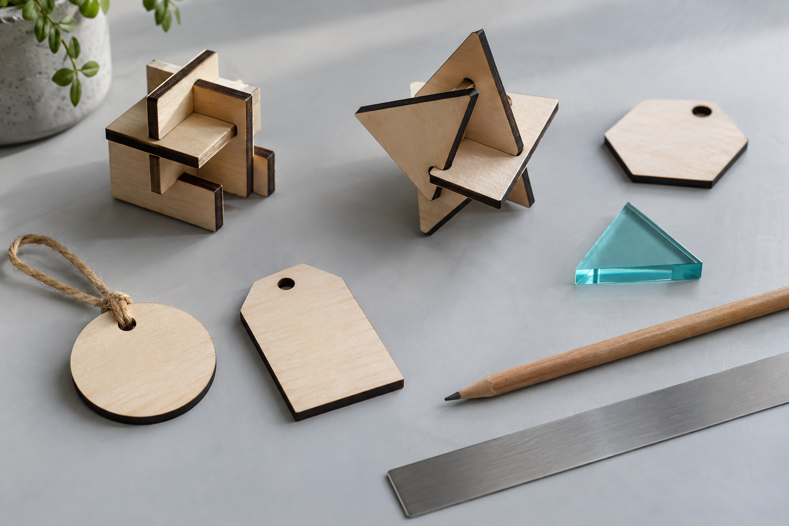 Illustrative laser-cut plywood shapes and an acrylic triangle as examples of classroom design projects